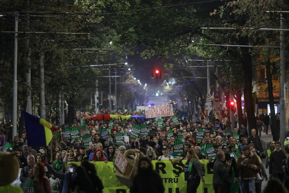 Participanți la un marș pe timp de noapte, cu lumini și pancarte.
