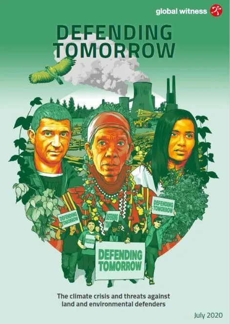 Coperta raportului Global Witness «Defending Tomorrow», cu portrete ilustrate și elemente de pădure.