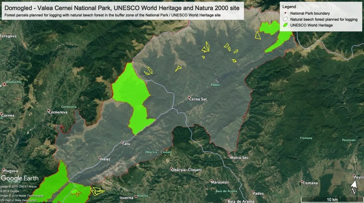 Hartă cu zone UNESCO și parcele propuse pentru exploatare în Parcul Național Domogled – Valea Cernei.
