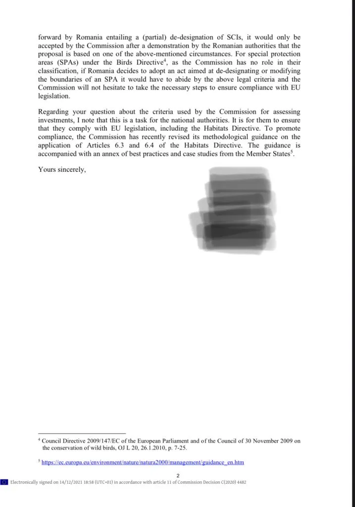 A doua pagină a răspunsului Comisiei Europene, în limba engleză.