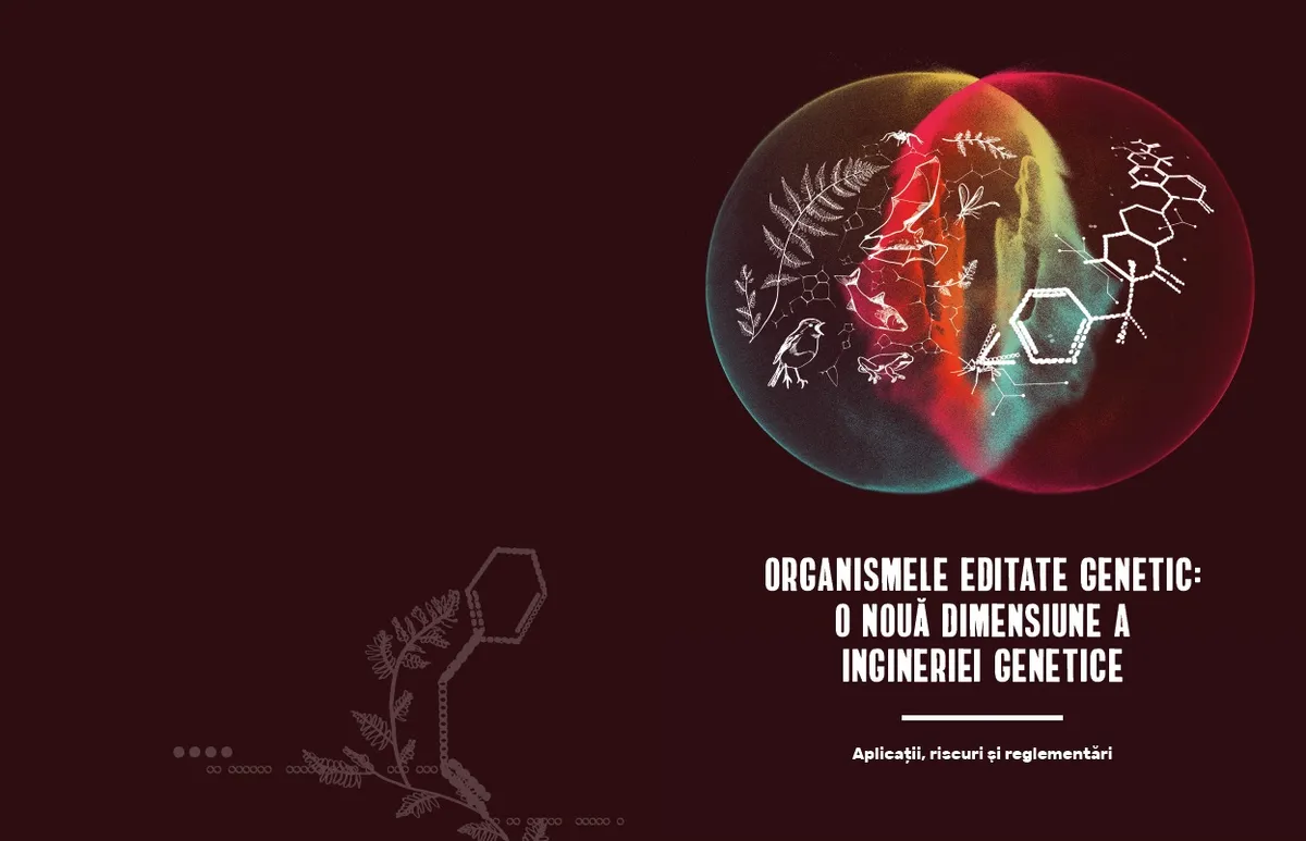 Coperta raportului despre organismele editate genetic, cu ilustrații de insecte și structuri moleculare.