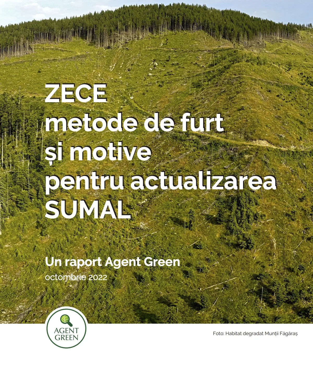 Coperta raportului Agent Green „Zece metode de furt și motive pentru actualizarea SUMAL”, peste o imagine de pădure tăiată.