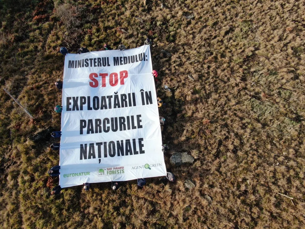 Banner desfășurat pe un teren tăiat, cu mesajul „Ministerul Mediului: STOP EXPLOATĂRII ÎN PARCURILE NAȚIONALE”.