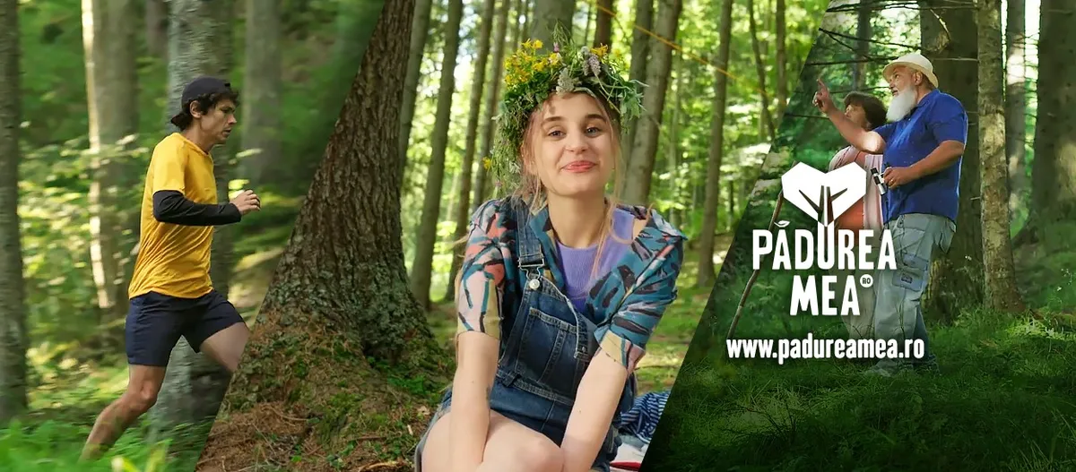Colaj Pădurea Mea cu persoane într-o pădure și adresa padureamea.ro