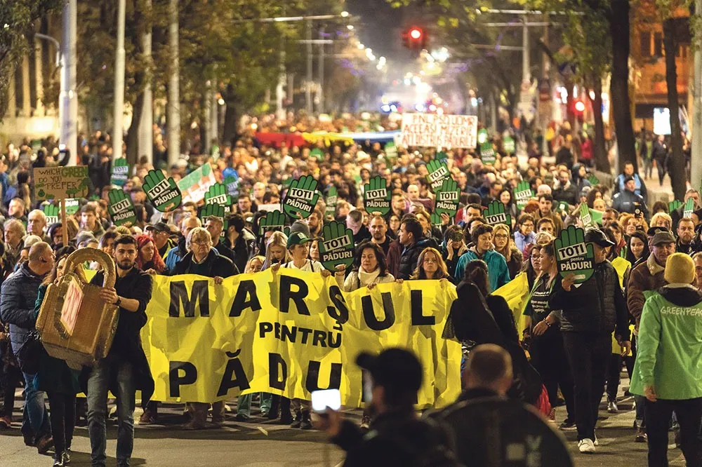 Participanți la un marș nocturn, cu pancarte și un banner galben «Marșul pentru păduri».