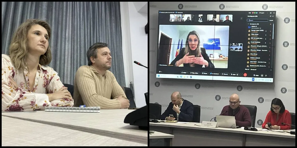Colaj cu participanți la o reuniune, în jurul unei mese și în fața unui ecran de videoconferință.